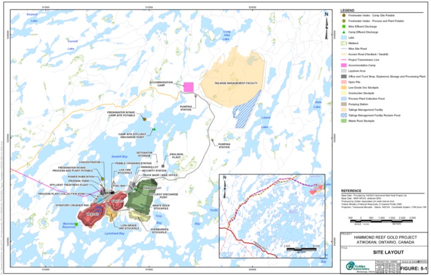Map shows the main project components, except the site access road, transmission line and tailings management facility, on a peninsula surrounded on three sides by Upper Marmion Reservoir. The access road and transmission line intersect Highway 622.