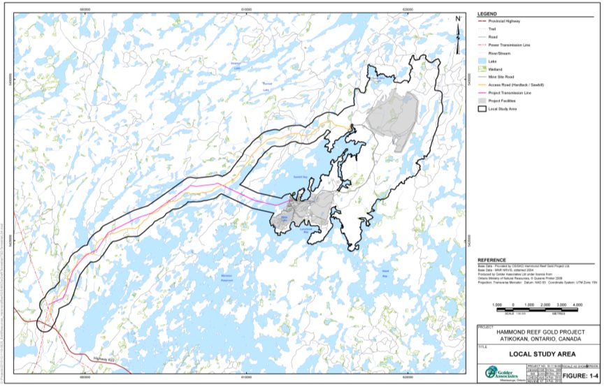 Map shows the local study area includes the transmission line corridor right of way and site watersheds that are linked to wetlands and riparian corridors near Long Hike Lake, Lizard Lake and Upper Marmion Reservoir.