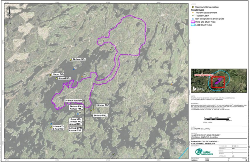 Map outlines the project site and labels points over or near Sawbill Bay and Upper Marmion Reservoir within two kilometres of the site, where the highest concentrations of particulate matter and combustion products are predicted to occur.