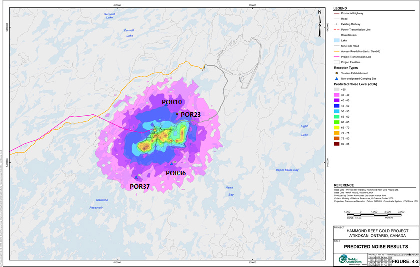 Map shows the predicted noise level ranges around the project site. At points of reception around the site, noise levels could reach 45 A-weighted decibels.