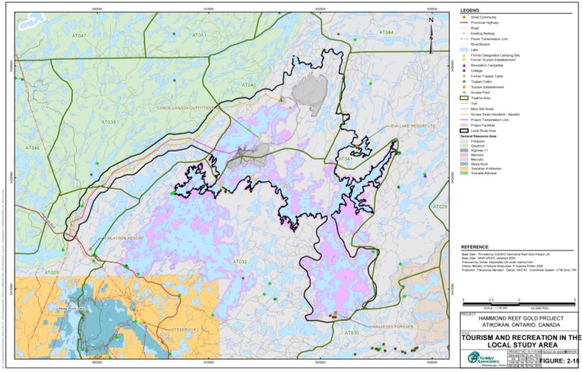 Six tourism establishments are within 15 kilometres of the project site. The linear infrastructure study area encroaches on parts of two trapline areas. The mine study area encroaches on parts of two other trapline areas.