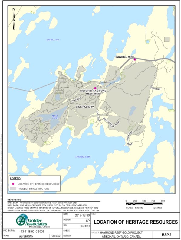 Map shows the historic Hammond Reef Mine site is located at the eastern edge of the east pit. The Sawbill Mine site is north of the waste rock stockpile and beside the on-site road.