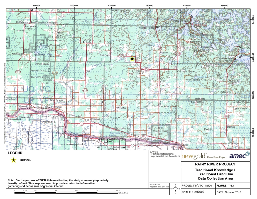 Title: A broad view of the proponent's Traditional Knowledge and Traditional Land Use data collection area, encompassing the Natural Environment Regional Study Area and Human Environment Regional Study Area - Description: Map showing the location of the proponent's study area of the Traditional Knowledge and Traditional Land Use data collection area. The study area was purposefully broadly defined. This map was used to provide context for information gathering and define area of greatest interest.
