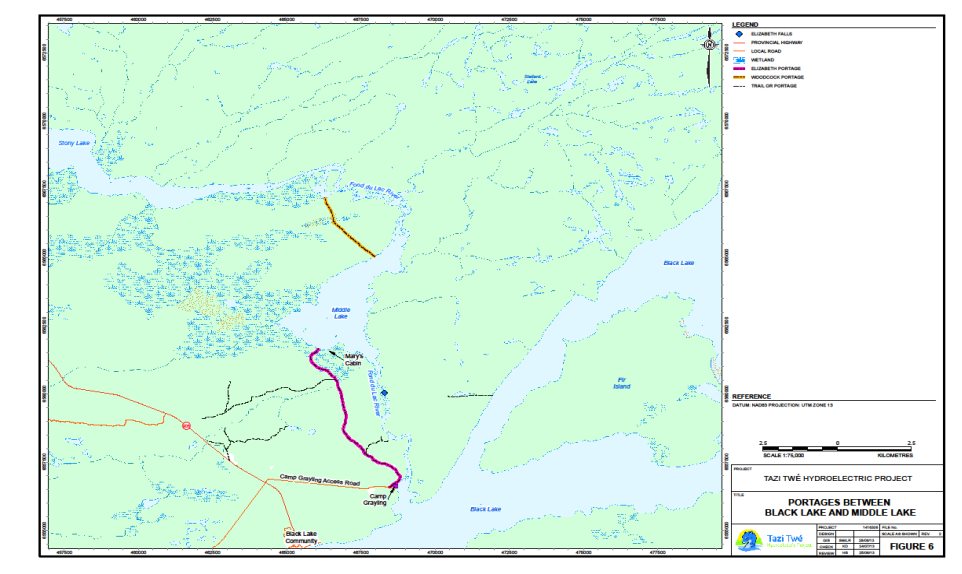 Figure 6 shows that there is a portage route from Camp Grayling down to Middle Lake. The portage route is on the opposite side (west side) of the Fond du Lac River from the Projet. The figure also shows another portage route from the outflow of Middle Lake bypassing another section of the Fond du Lac River over to Stony Lake.