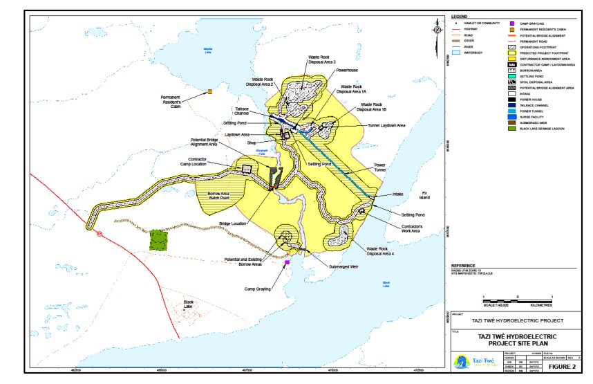 Figure 2 show the project site plan and location of project components. It shows that the water intake for the diversion channel will be located on the north shore of Black Lake near Fir Island. It also shows the access roads to the different construction areas, the main access road connects to Highway 905 and then branches off to the site of the power house and another branch to the water intake location. The figure shows where the settling ponds and rock storage piles will be located and location of the tailrace channel which exits into the Fond du Lac River just upstream of Middle Lake.