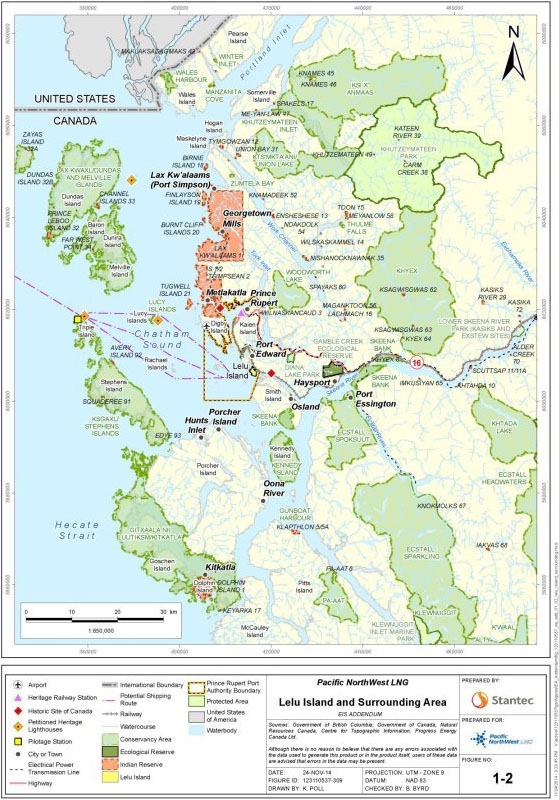 A map showing the Project location on Lelu Island as described in Section 2.1. The map also shows the location of nearby Indian Reserves and other communities, as well as ecological reserves, protected areas and conservancies.