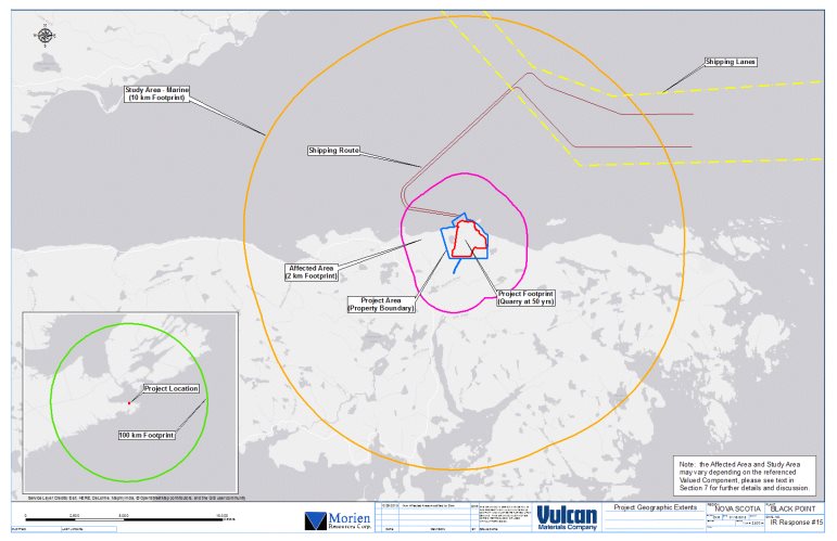 A map showing the geographic limits of the Project Area, Affected Area and Study Area for the environmental assessment, as defined by the proponent.