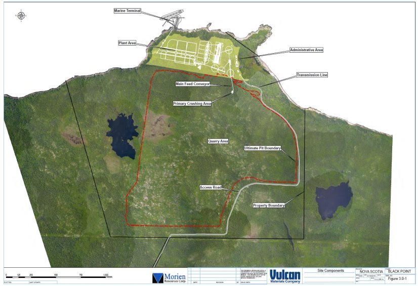 An aerial photo of the project site showing the planned locations of the quarry area, marine terminal, plant area, administrative area and other major project components discussed in the text of the report.