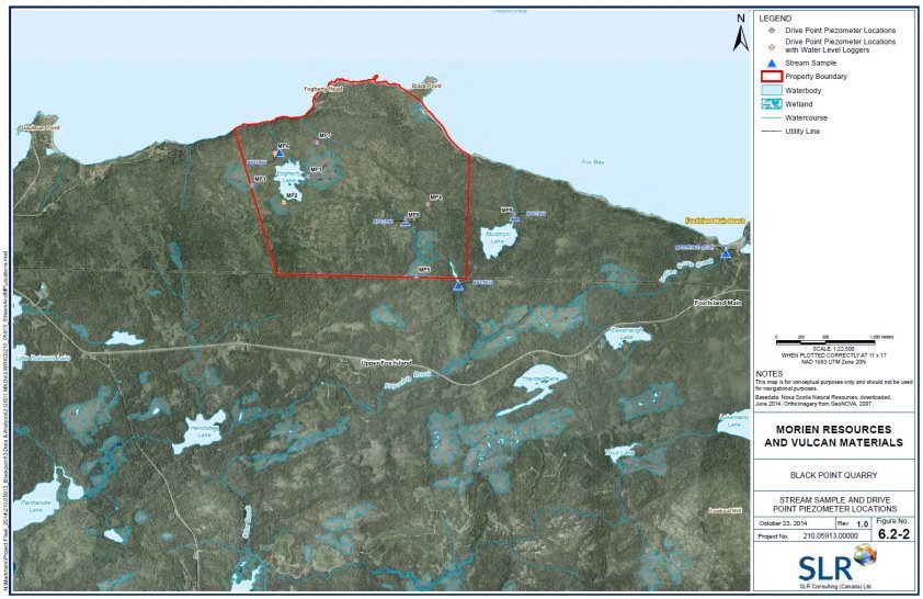 A map showing the locations of lakes, ponds and streams in and near the project boundary. Shows Murphy's Lake, Fogherty Lake, Hendsbee Lake and Reynolds Brook, among others.