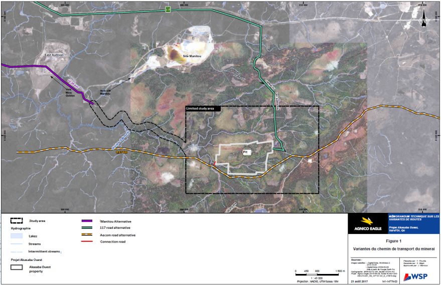 Figure 4: Ore transportation route alternatives and the Eacom logging road