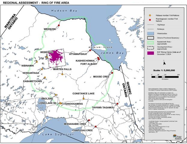 A map of northern Ontario shows the border of the Assessment Area which spans from just south of Highway 11 to the southern coast of Hudson's Bay and from west of Neskantaga First Nation to Moose Cree First Nation near  the southern point of James Bay. The development area where the Ring of Fire mining claims have been issued is also highlighted (mining claims data are as of December 2 2024). Around the highlighted mining claims area is a dashed-line box outlining the approximate development area for the Ring of Fire. The Development Area is approximately 100km wide and 100km tall positioned immediately east of Webequie First Nation and approximately 50km north of Marten Falls First Nation. The Matawa member First Nations as well as the Mushkegowuk member First Nations are also depicted on the map using points. General features including provincial highways, railways, waterbodies, and the Ontario provincial boundary are also displayed on the map.