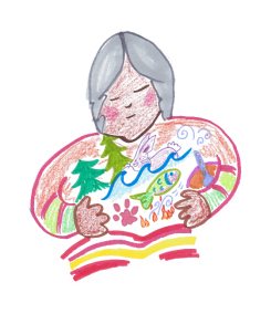 The hand drawn image is a graphic recording captured during RAWG meetings. It shows a women hugging fish, trees, wildlife, water and spirit. It represents stewardship and holding onto important elements of spirituality and nature.
