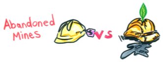 The hand drawn image is a graphic recording captured during RAWG meetings. It shows a hard hat with a price tag, reading "abandoned mines", versus a hard hat with a seedling growing. The Image emphasizes the importance of accountability and restoration in the assessment area.