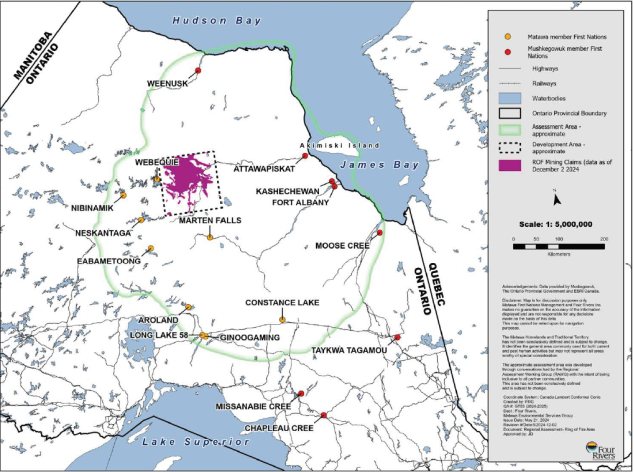 Regional map of northwestern Ontario showing the Ring of Fire Regional Assessment Area and proposed development area near Webequie and Marten Falls, surrounding First Nations communities, major transportation routes, and proximity to James Bay and Hudson Bay.